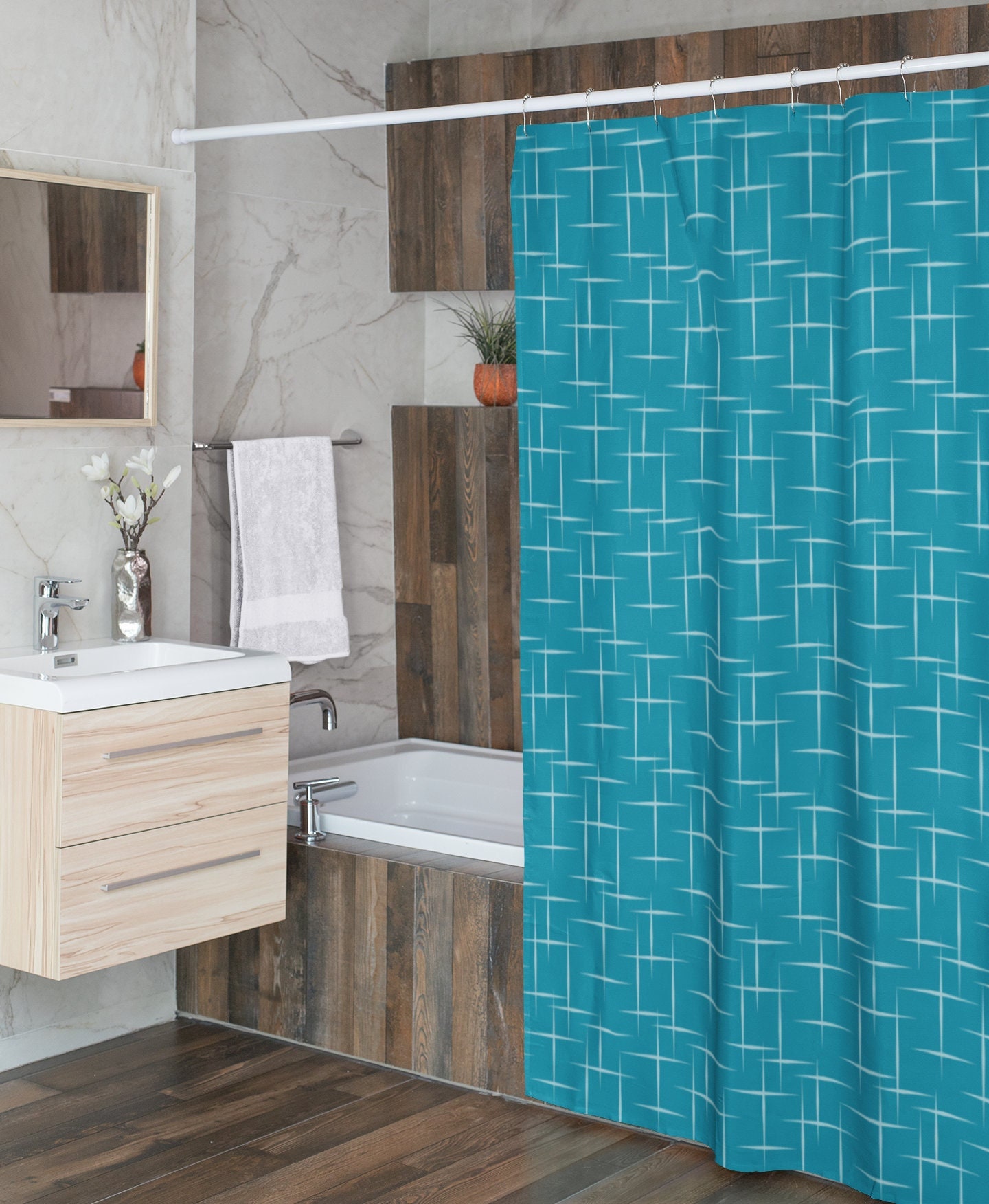 Mid Century Modern Blue Shower Curtain, Vintage Bathroom Decor