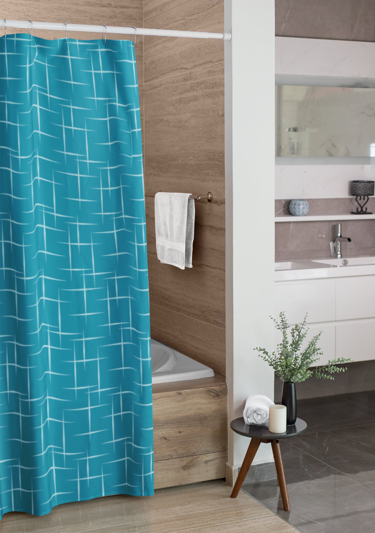 Mid Century Modern Blue Shower Curtain, Vintage Bathroom Decor - Image 2