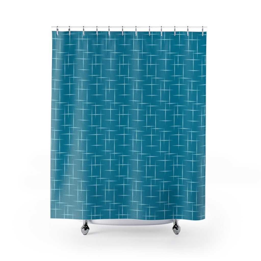 Mid Century Modern Blue Shower Curtain, Vintage Bathroom Decor - Image 3