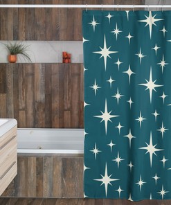 Mid Century Modern Blue Stars Shower Curtain, Retro Bathroom Accessory, Atomic Design