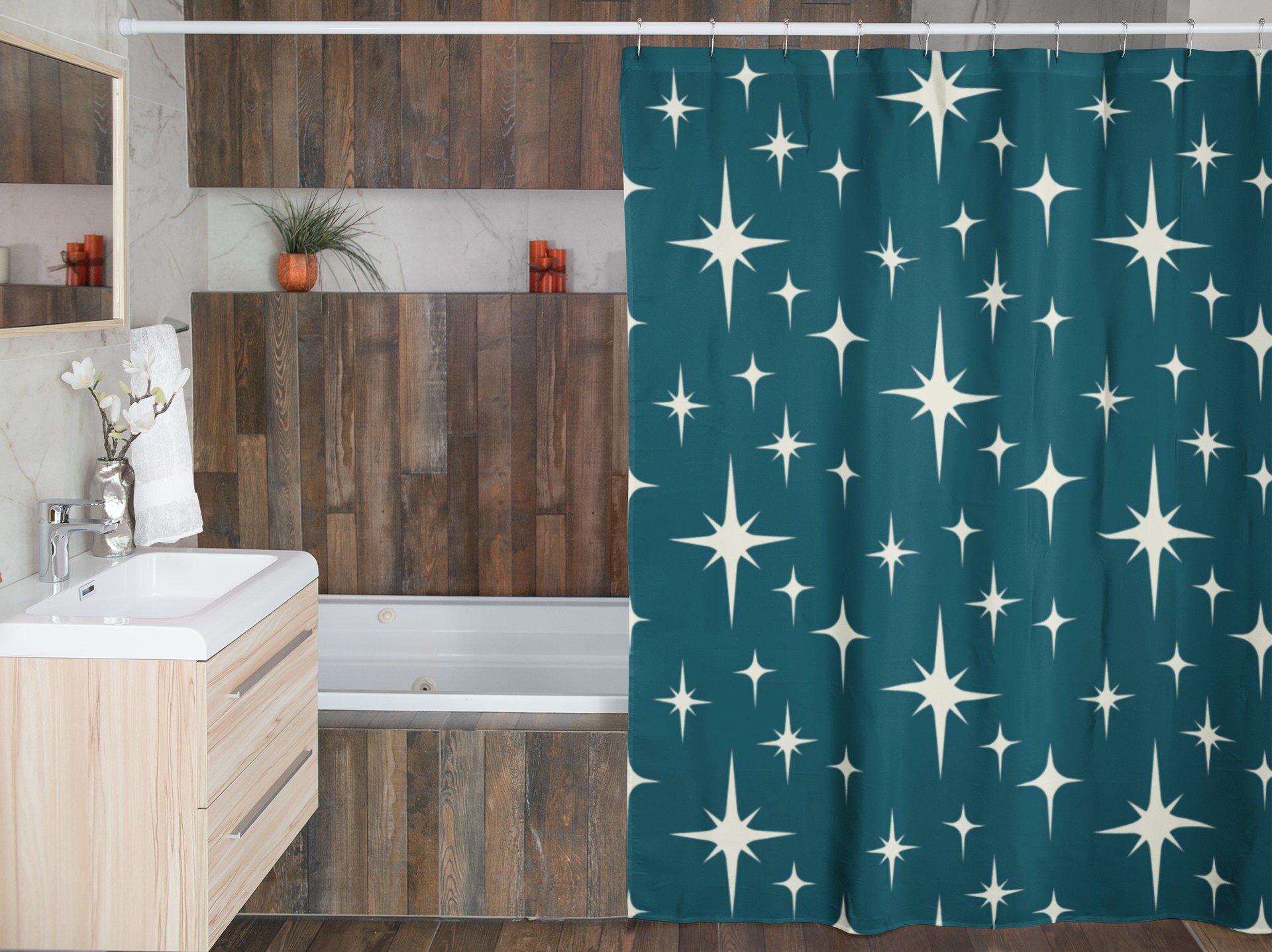 Mid Century Modern Blue Stars Shower Curtain, Retro Bathroom Accessory, Atomic Design