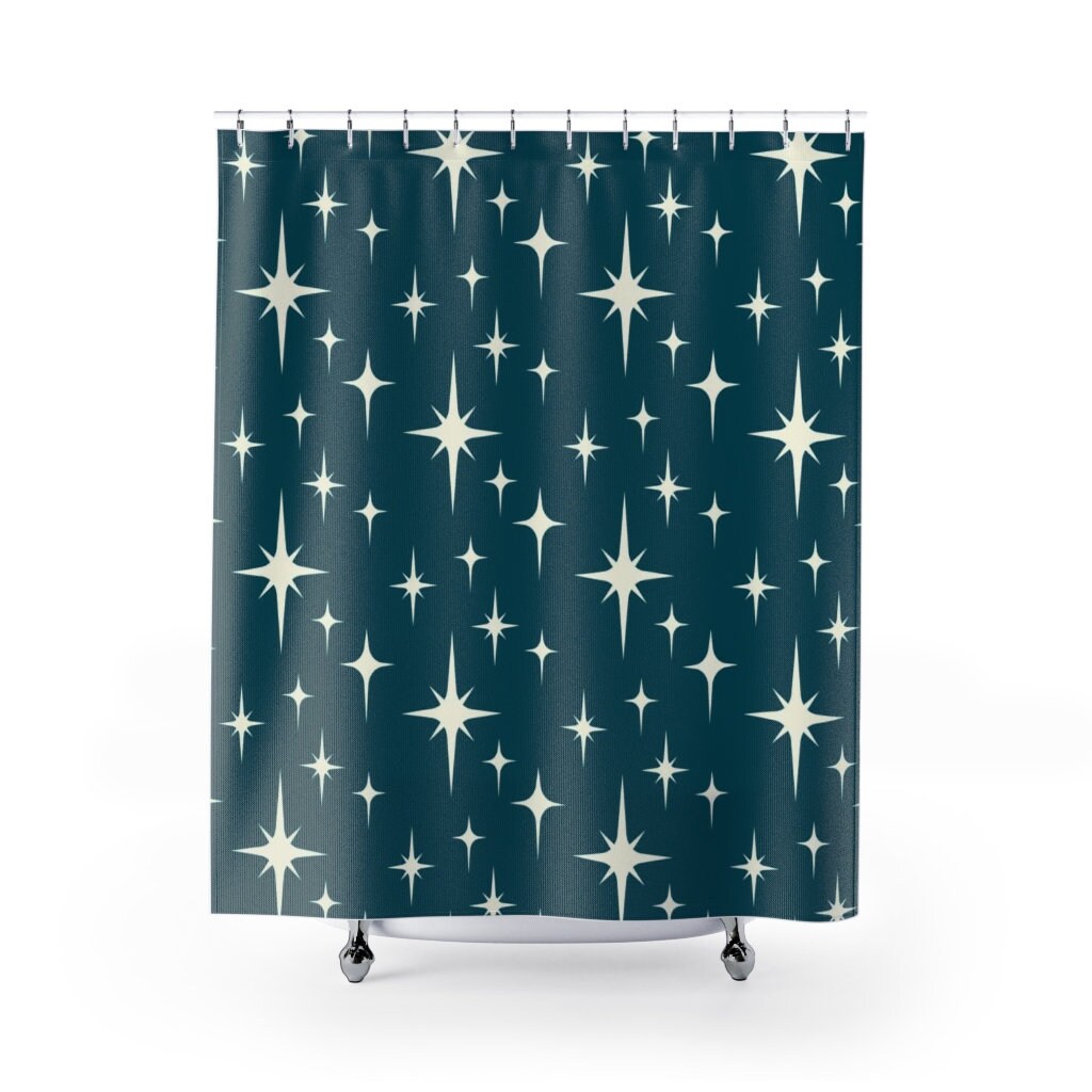 Mid Century Modern Blue Stars Shower Curtain, Retro Bathroom Accessory, Atomic Design - Image 2