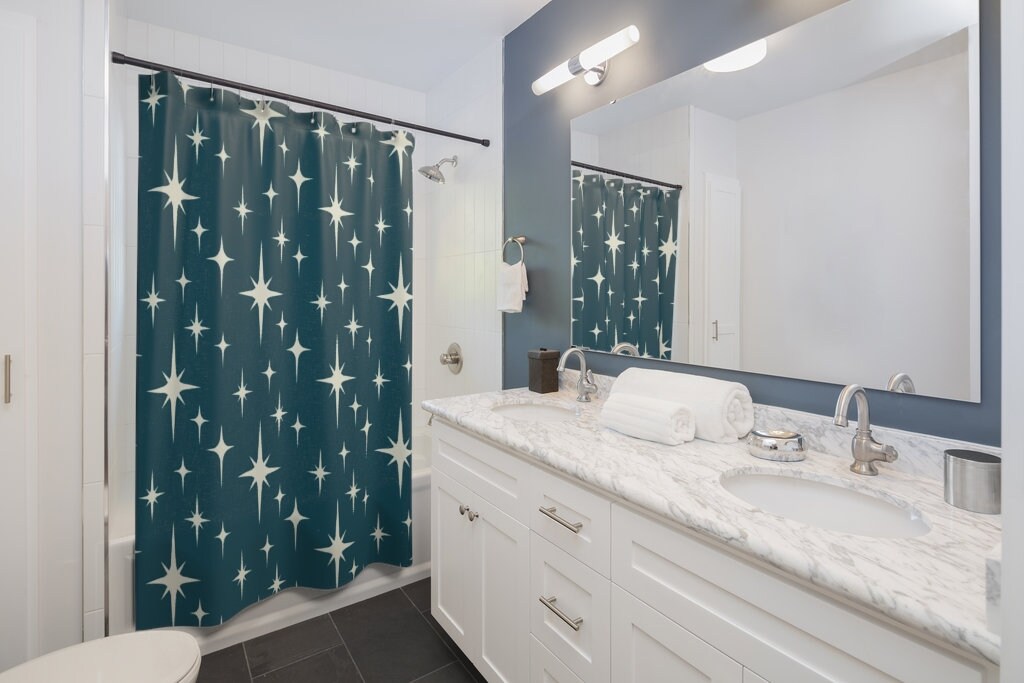 Mid Century Modern Blue Stars Shower Curtain, Retro Bathroom Accessory, Atomic Design - Image 3