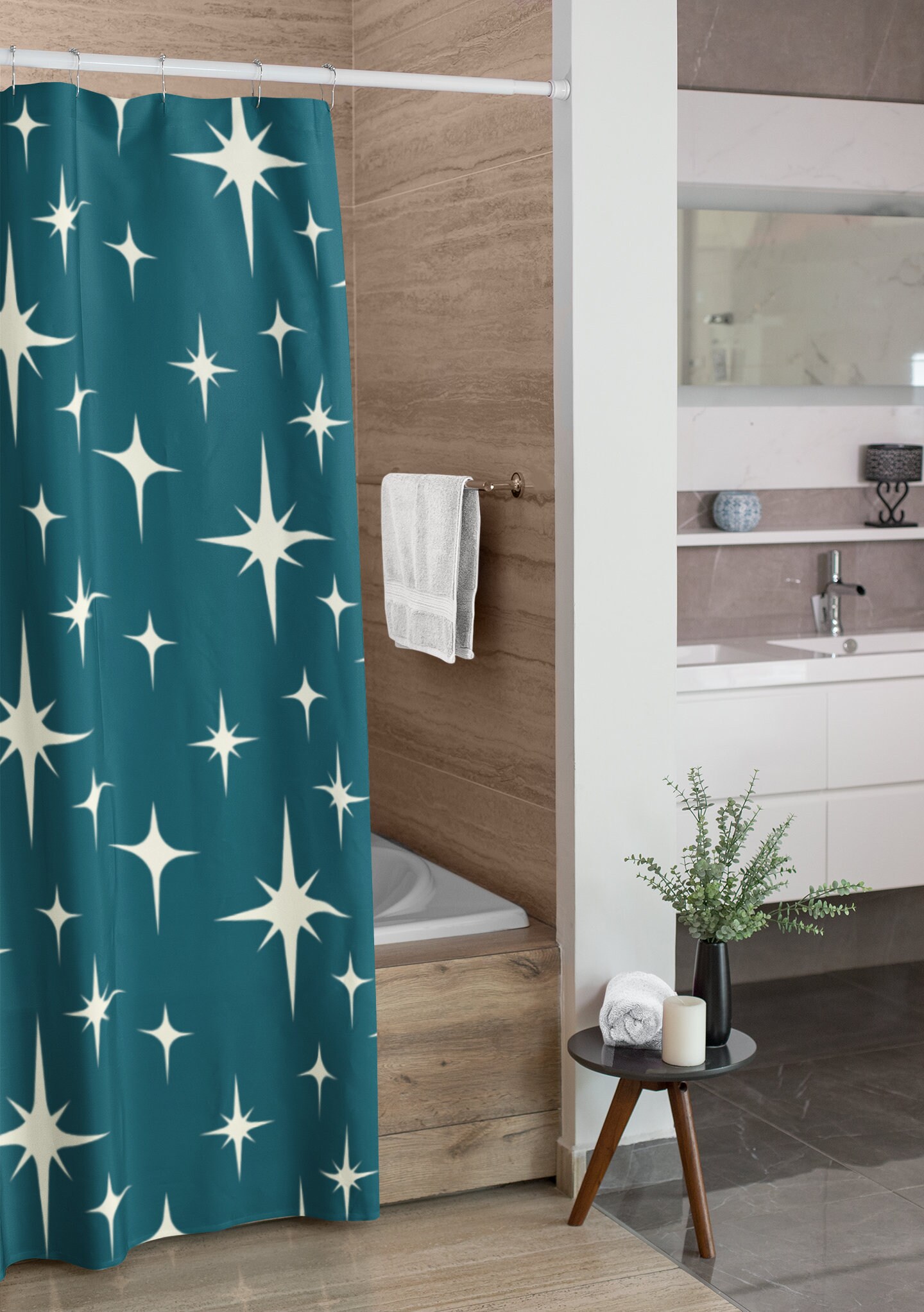Mid Century Modern Blue Stars Shower Curtain, Retro Bathroom Accessory, Atomic Design - Image 4