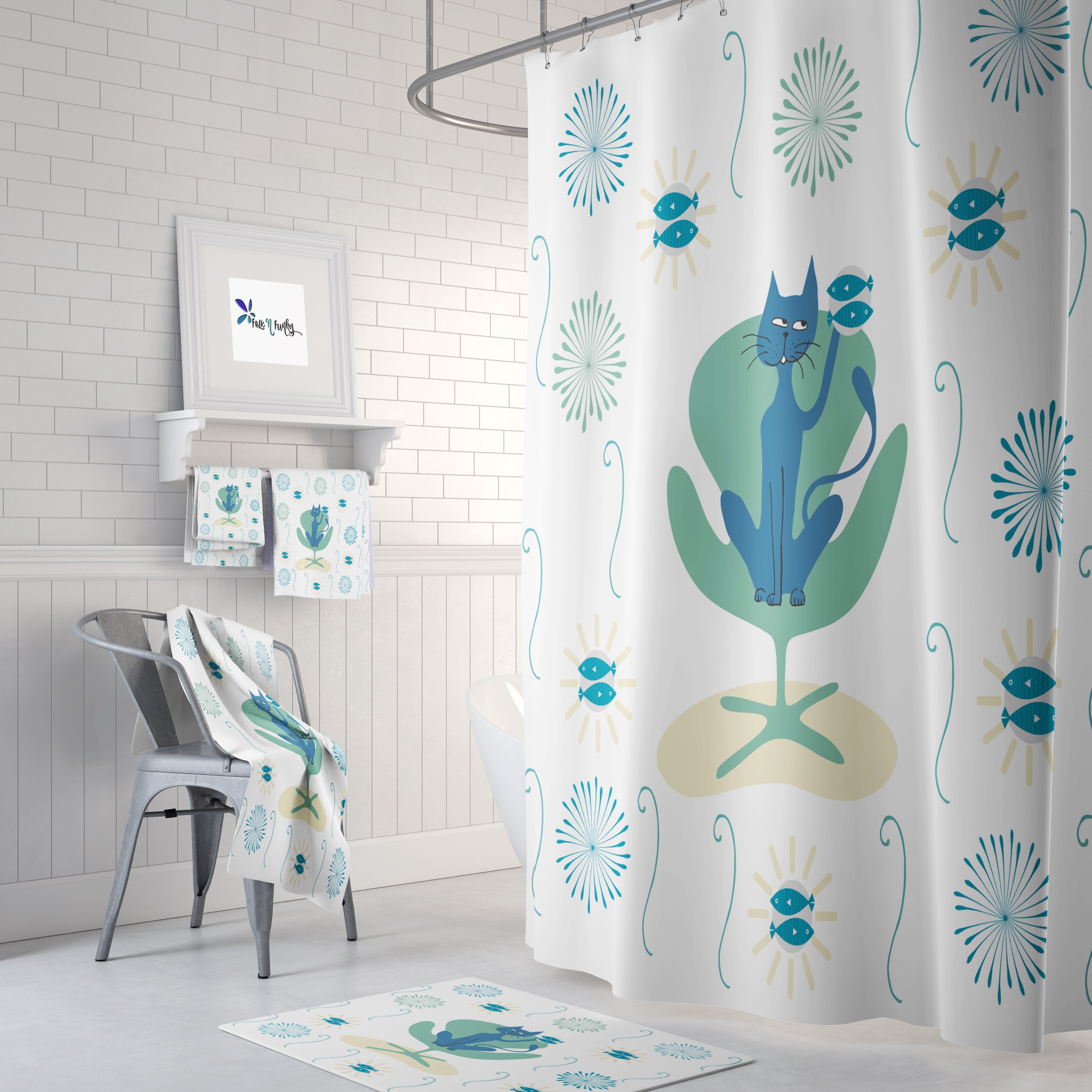 Mid Century Modern Cat Print Shower Curtain for Your Bathroom