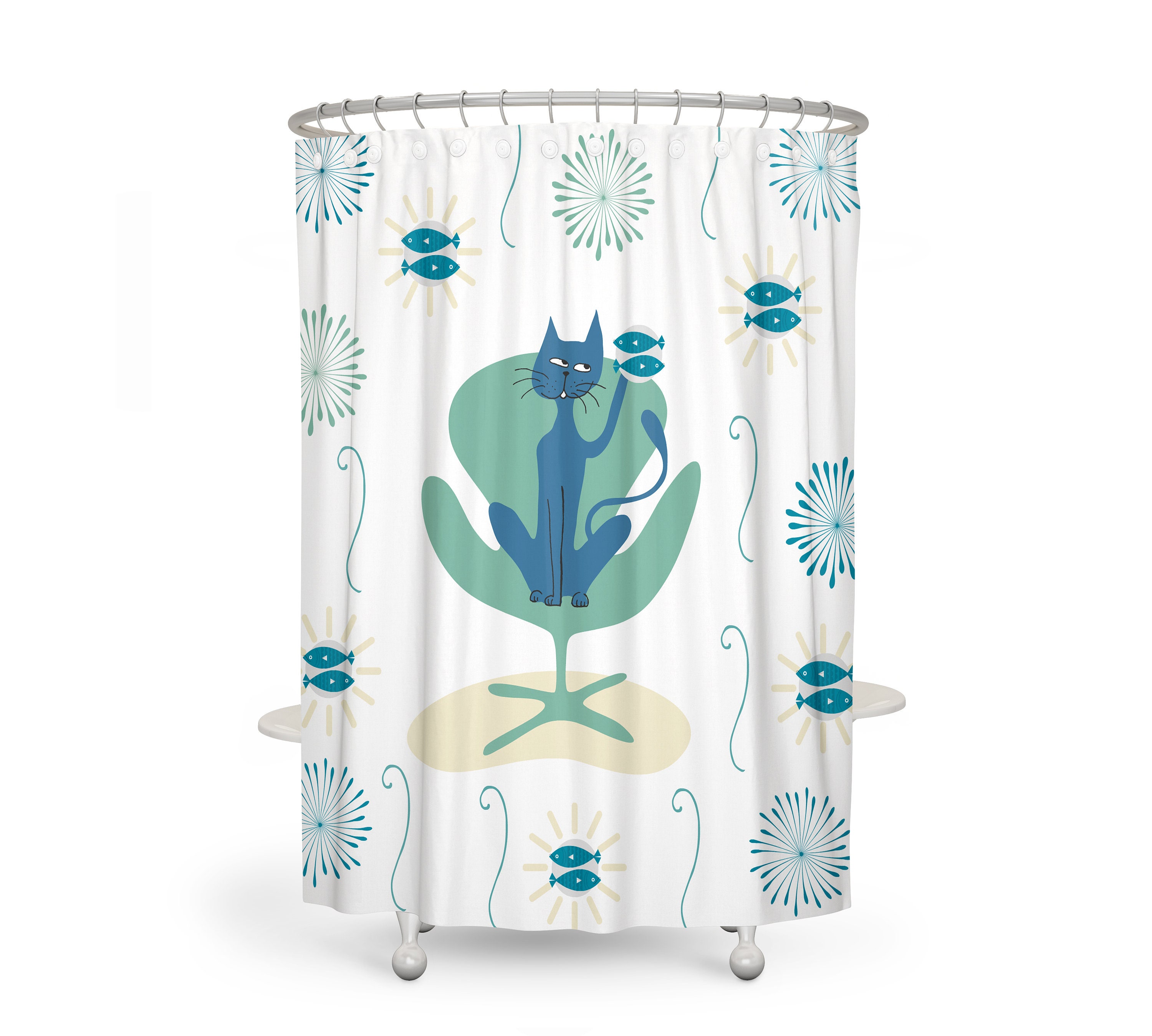 Mid Century Modern Cat Print Shower Curtain for Your Bathroom - Image 2
