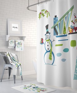 Mid Century Modern Christmas Shower Curtain | Retro Holiday Snowman & Santa Design | Vintage Bathroom Decor