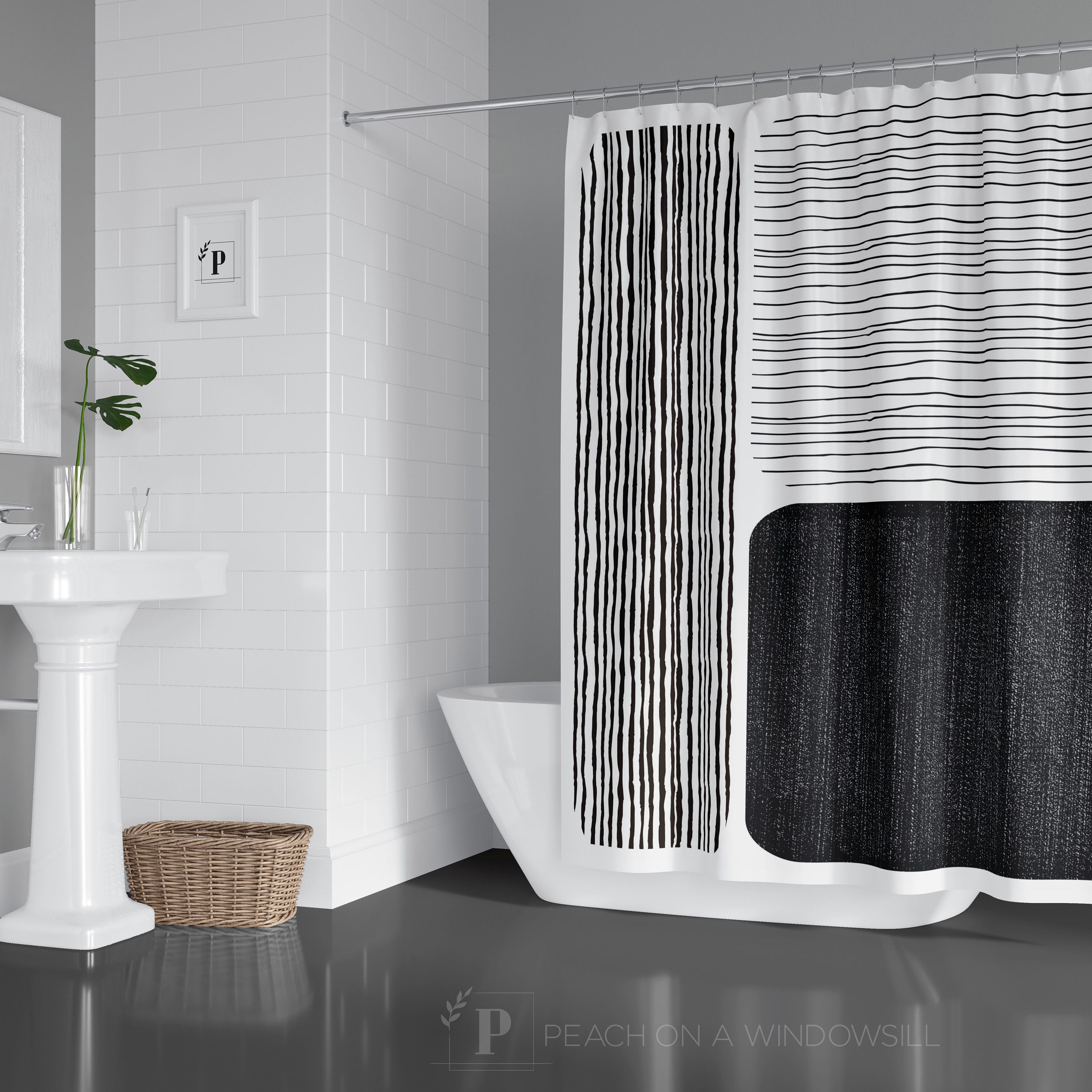 Mid Century Modern Color Block Line Art Shower Curtain, Add a Retro Vibe to Your Bathroom