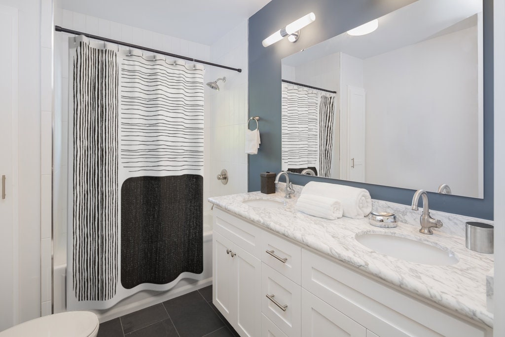Mid Century Modern Color Block Line Art Shower Curtain, Add a Retro Vibe to Your Bathroom - Image 3