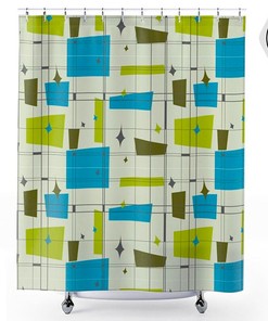 Mid Century Modern Geometric Abstract Shower Curtain - Franciscan Squares Retro Design in Teal and Green