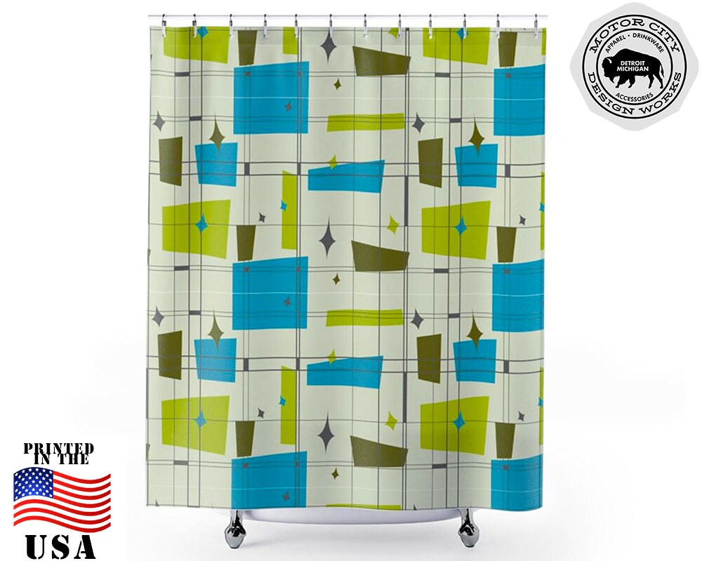 Mid Century Modern Geometric Abstract Shower Curtain - Franciscan Squares Retro Design in Teal and Green