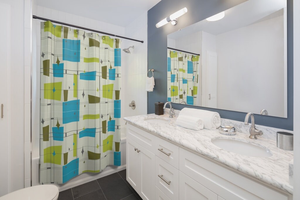 Mid Century Modern Geometric Abstract Shower Curtain - Franciscan Squares Retro Design in Teal and Green - Image 2