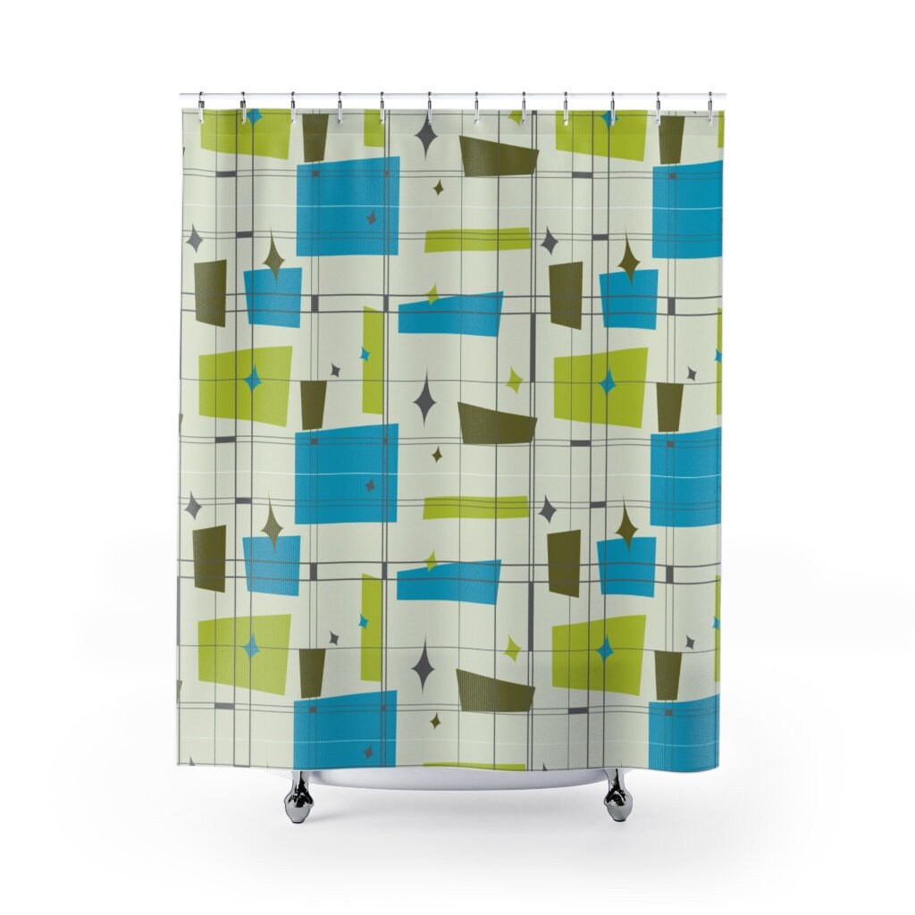 Mid Century Modern Geometric Abstract Shower Curtain - Franciscan Squares Retro Design in Teal and Green - Image 3