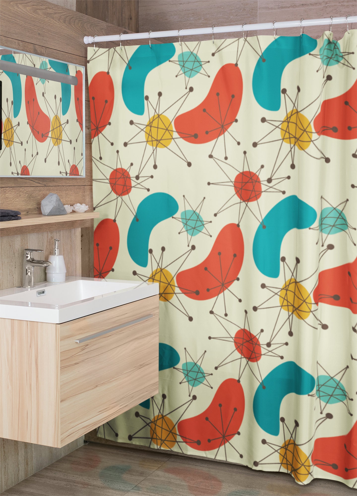 Mid Century Modern Geometric Shower Curtain, Retro Bathroom Decor