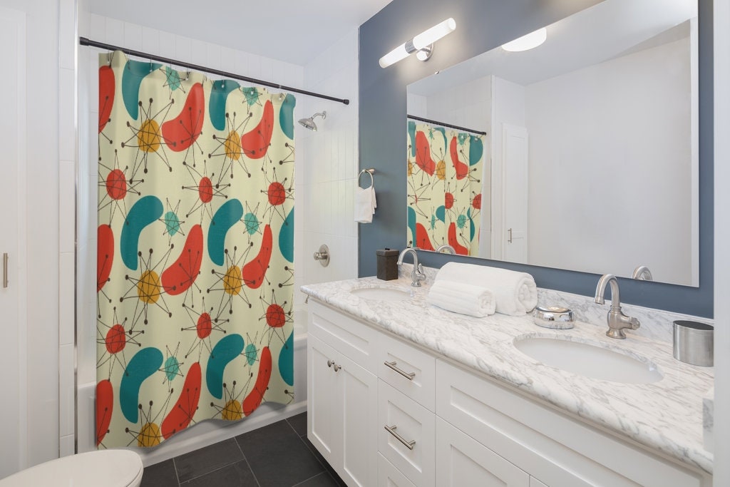 Mid Century Modern Geometric Shower Curtain, Retro Bathroom Decor - Image 3