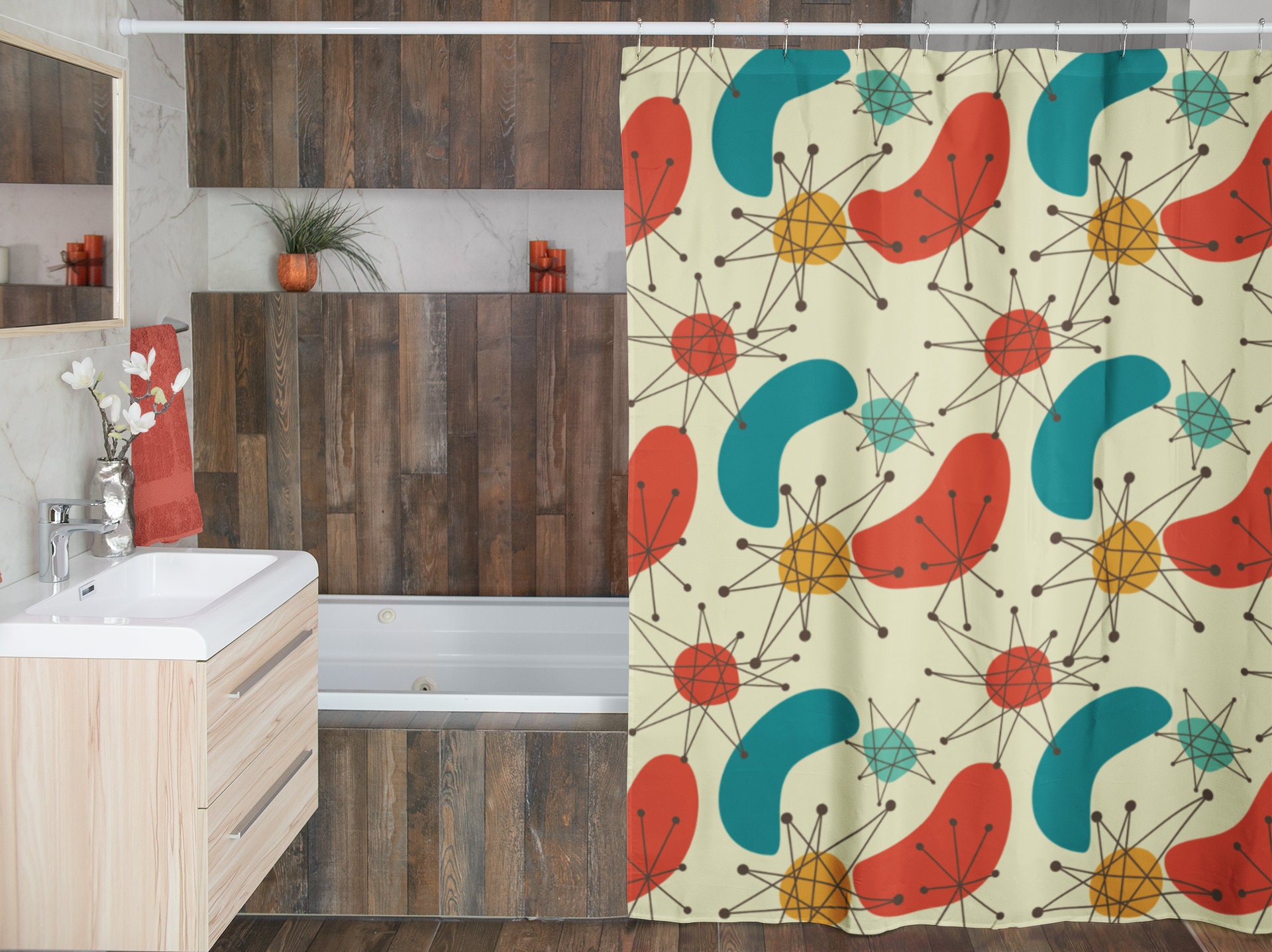 Mid Century Modern Geometric Shower Curtain, Retro Bathroom Decor - Image 4