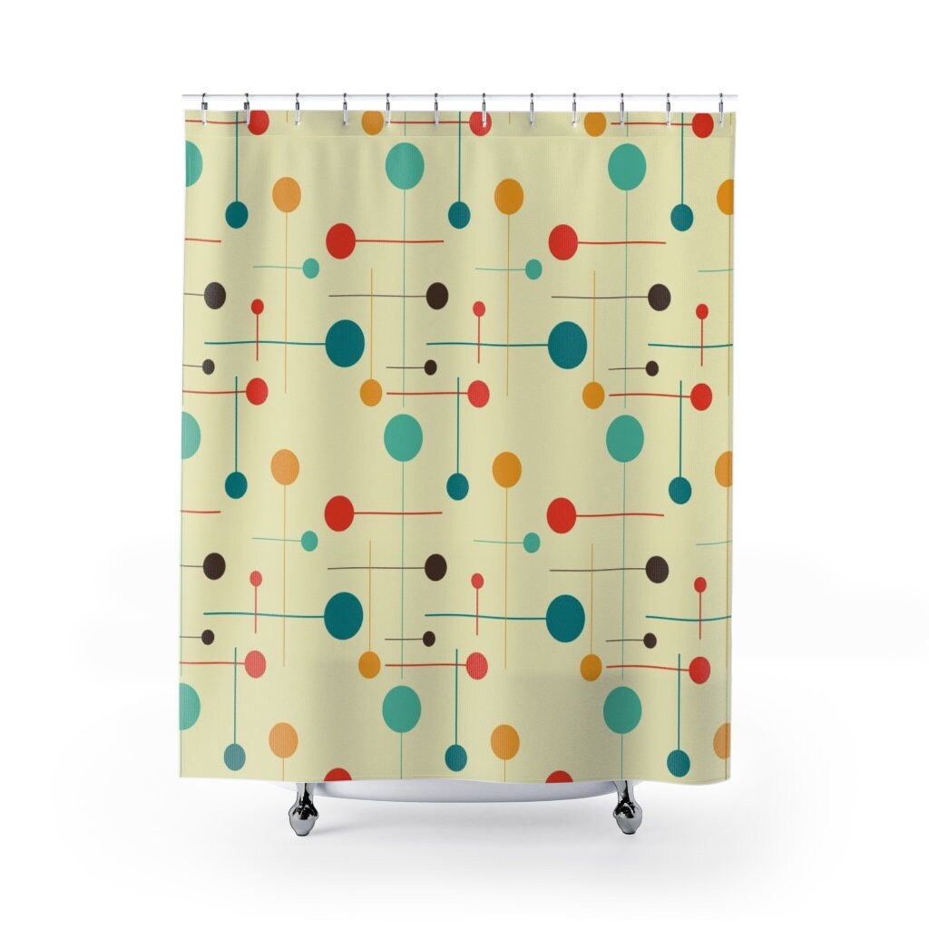 Mid Century Modern Geometric Shower Curtain, Vintage Bathroom Decor