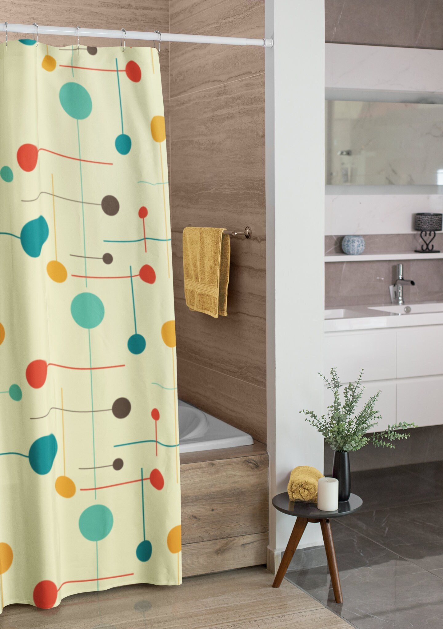 Mid Century Modern Geometric Shower Curtain, Vintage Bathroom Decor - Image 2