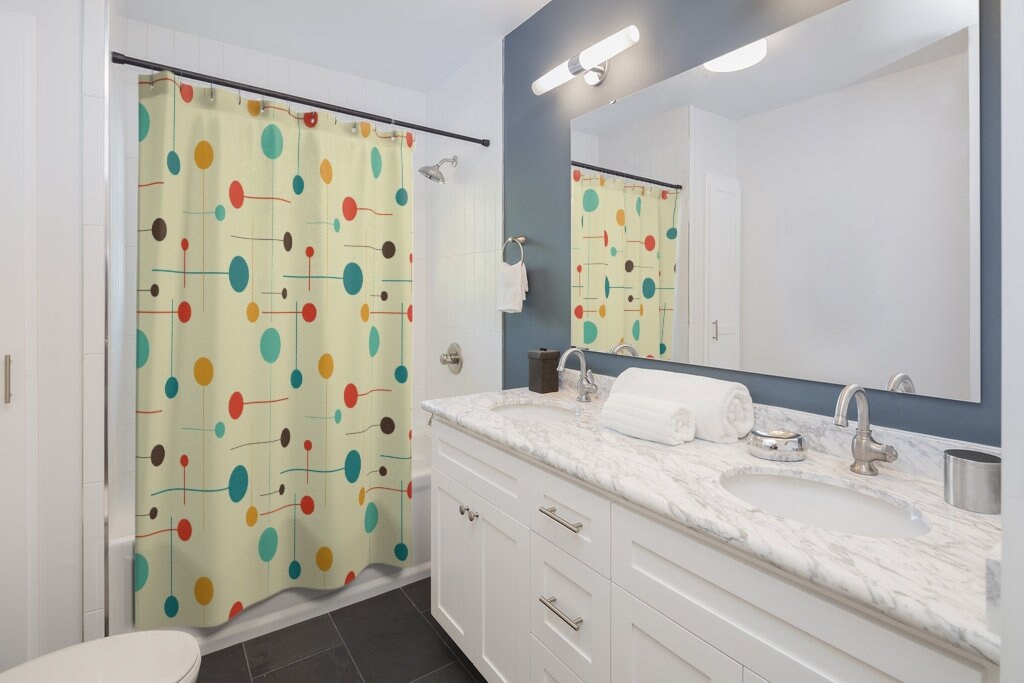 Mid Century Modern Geometric Shower Curtain, Vintage Bathroom Decor - Image 3