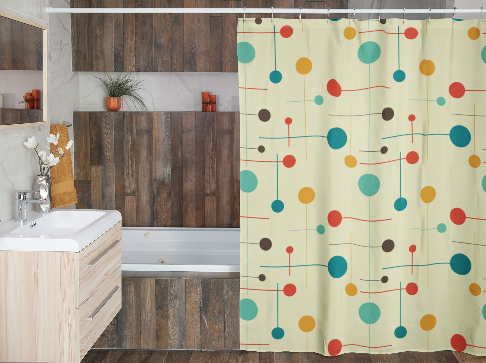 Mid Century Modern Geometric Shower Curtain, Vintage Bathroom Decor - Image 4