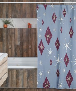 Mid Century Modern Inspired Blue Shower Curtain, Vintage Bathroom Decor