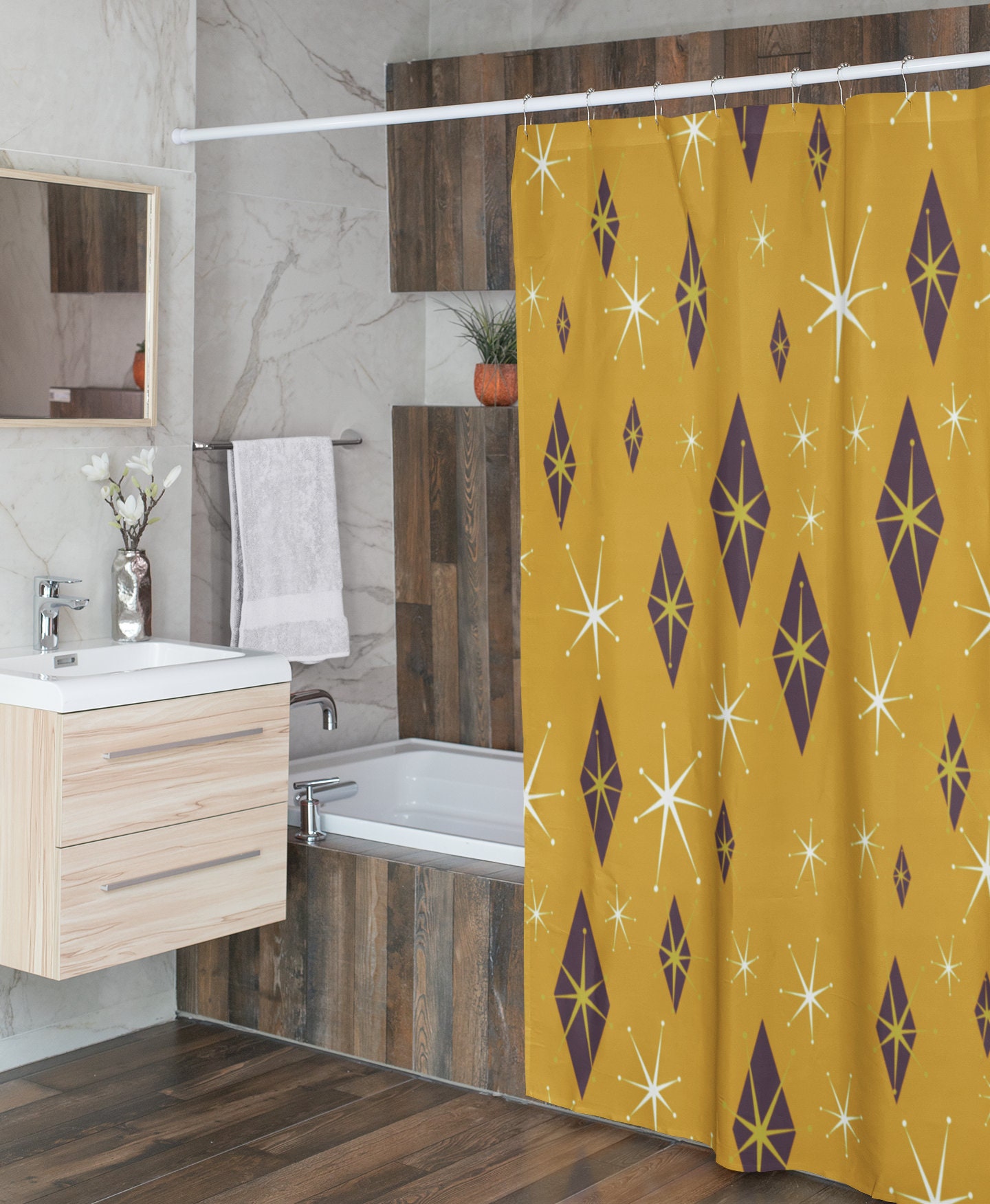 Mid Century Modern Inspired Shower Curtain, Vintage Bathroom Decor