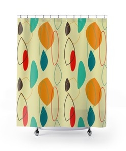 Mid Century Modern Retro Atomic Shower Curtain - Teal Mustard and Cream Design