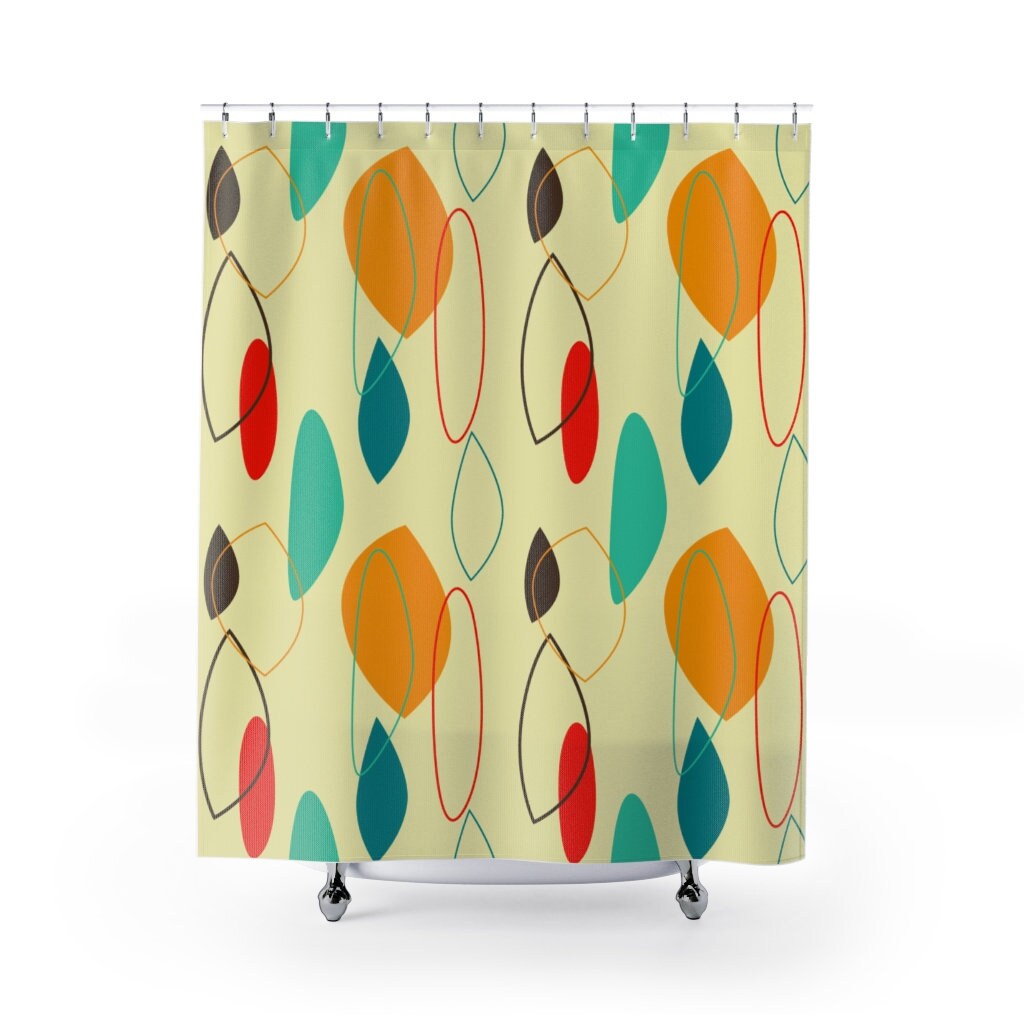 Mid Century Modern Retro Atomic Shower Curtain - Teal Mustard and Cream Design