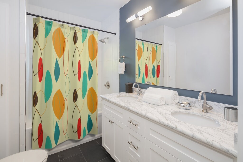 Mid Century Modern Retro Atomic Shower Curtain - Teal Mustard and Cream Design - Image 2