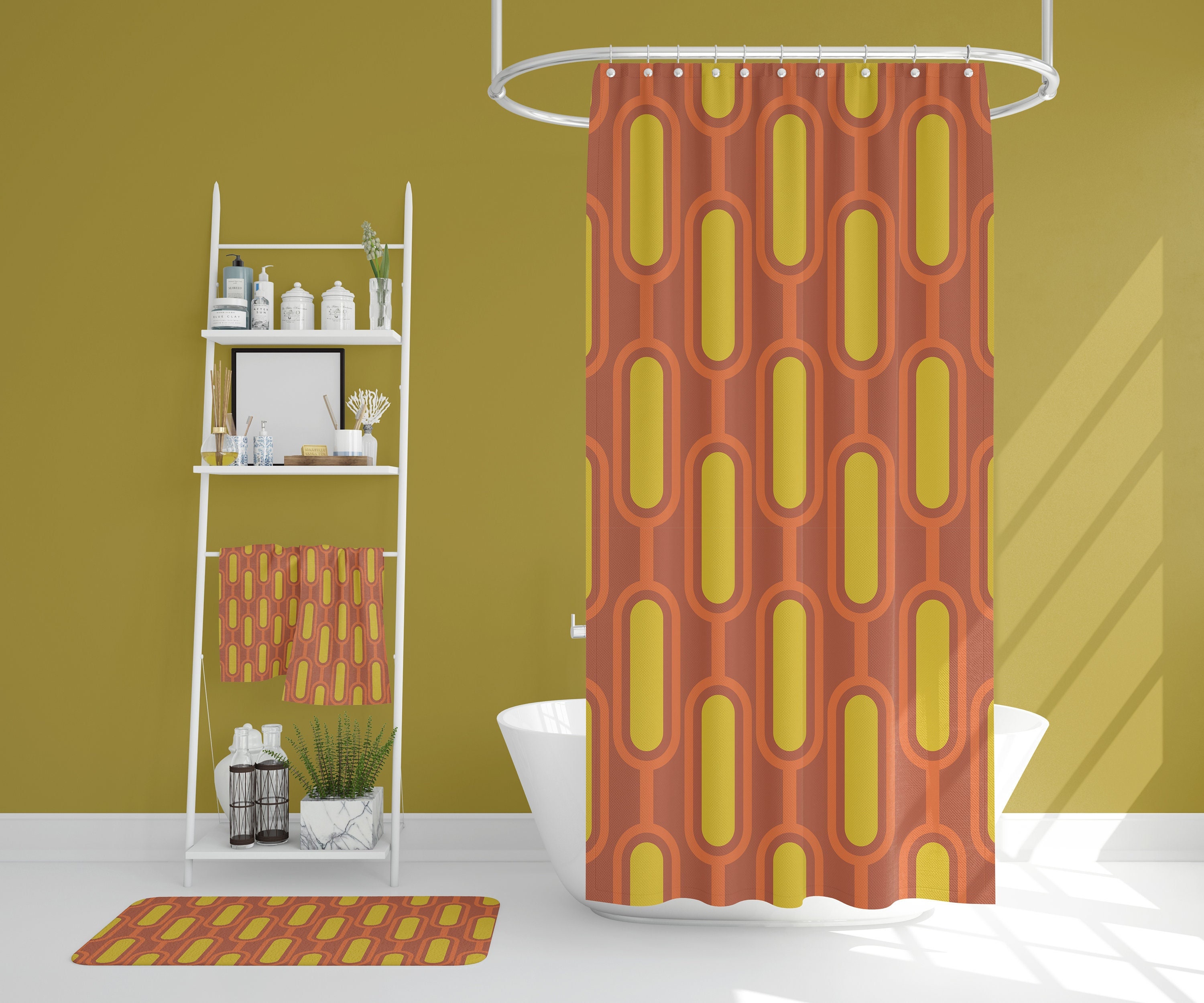 Mid Century Modern Retro Bathroom Decor Set with Waffle Weave Shower Curtain, Towels and Bath Mat
