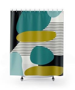 Mid Century Modern Retro MCM Design Abstract Shower Curtain in Turquoise, Green, Black, and Light Blue