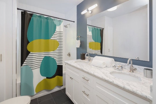 Mid Century Modern Retro MCM Design Abstract Shower Curtain in Turquoise, Green, Black, and Light Blue - Image 2