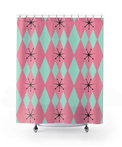 Mid Century Modern Retro Shower Curtain - 50's Mint Green, Hot Pink Diamond Harlequin Design