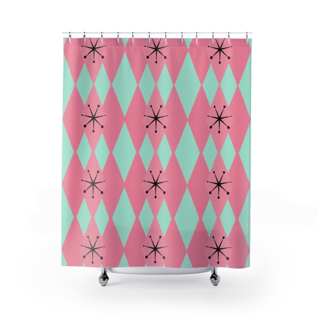 Mid Century Modern Retro Shower Curtain - 50's Mint Green, Hot Pink Diamond Harlequin Design