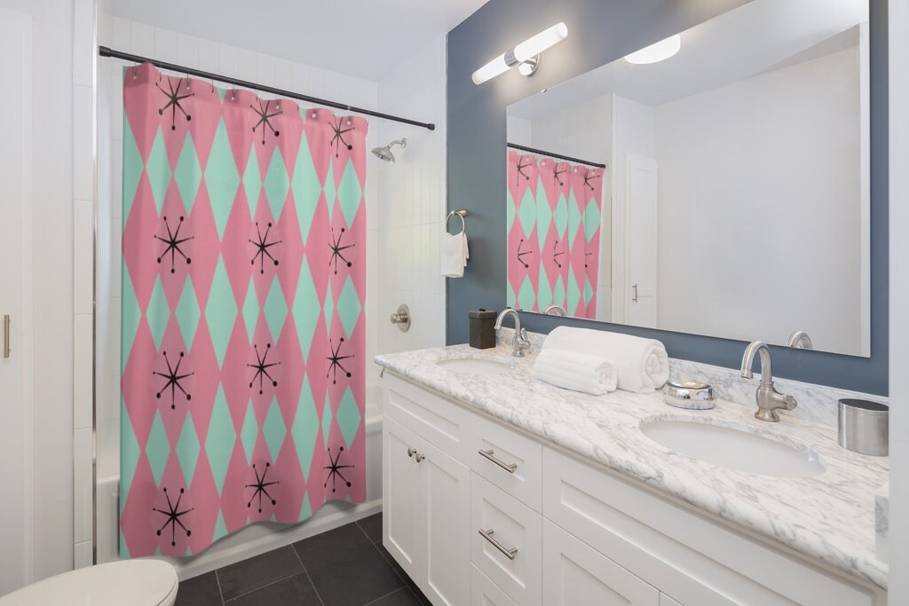Mid Century Modern Retro Shower Curtain - 50's Mint Green, Hot Pink Diamond Harlequin Design - Image 2