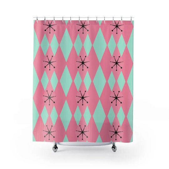 Mid Century Modern Retro Shower Curtain - 50's Mint Green, Hot Pink Diamond Harlequin Design - Image 3