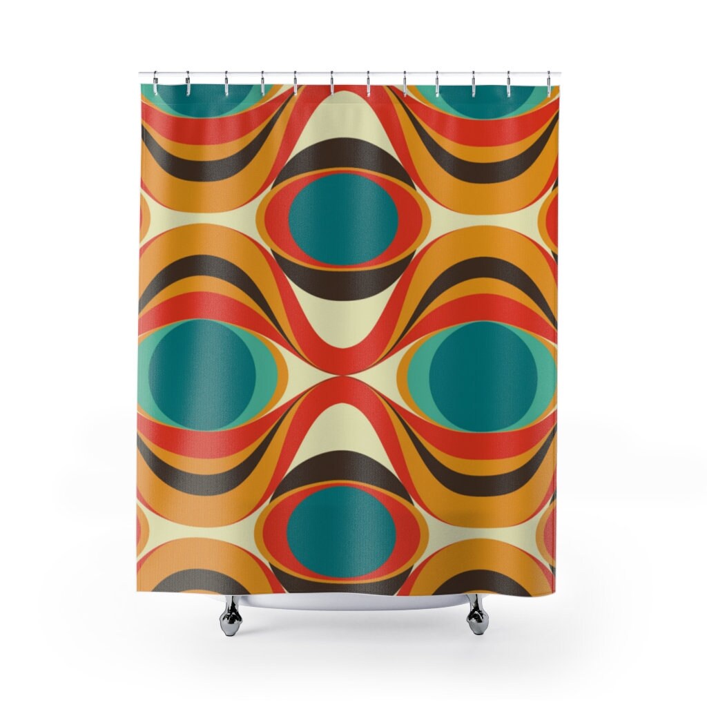 Mid Century Modern Retro Shower Curtains with 70's Funky Retro Style in Teal