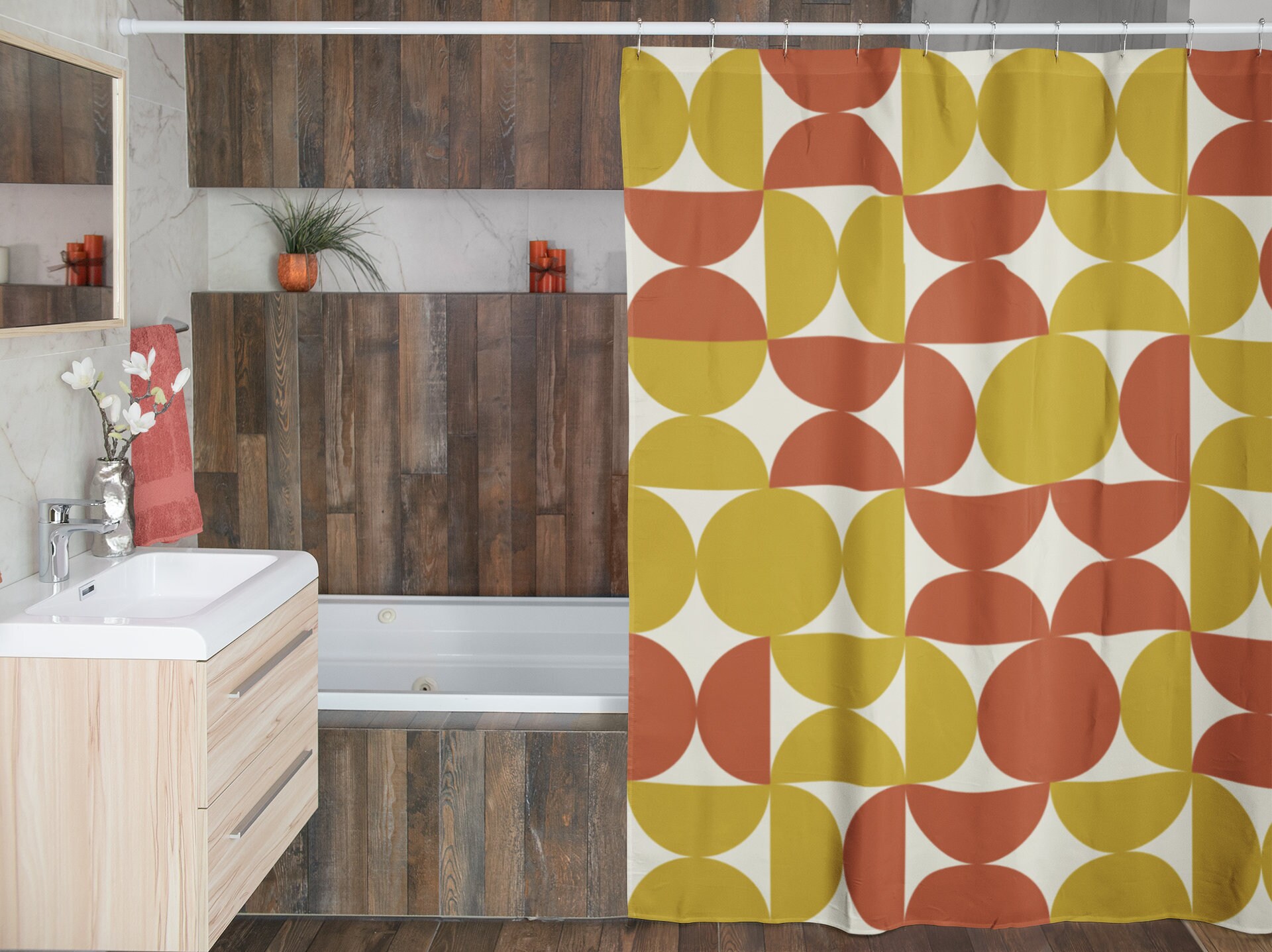 Mid Century Modern Shower Curtain, 60's Inspired Bathroom Decor, Unique Bathroom Accessory