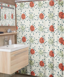 Mid Century Modern Shower Curtain, Atomic Star Bathroom Decor, Beige Retro Bathroom Accessory