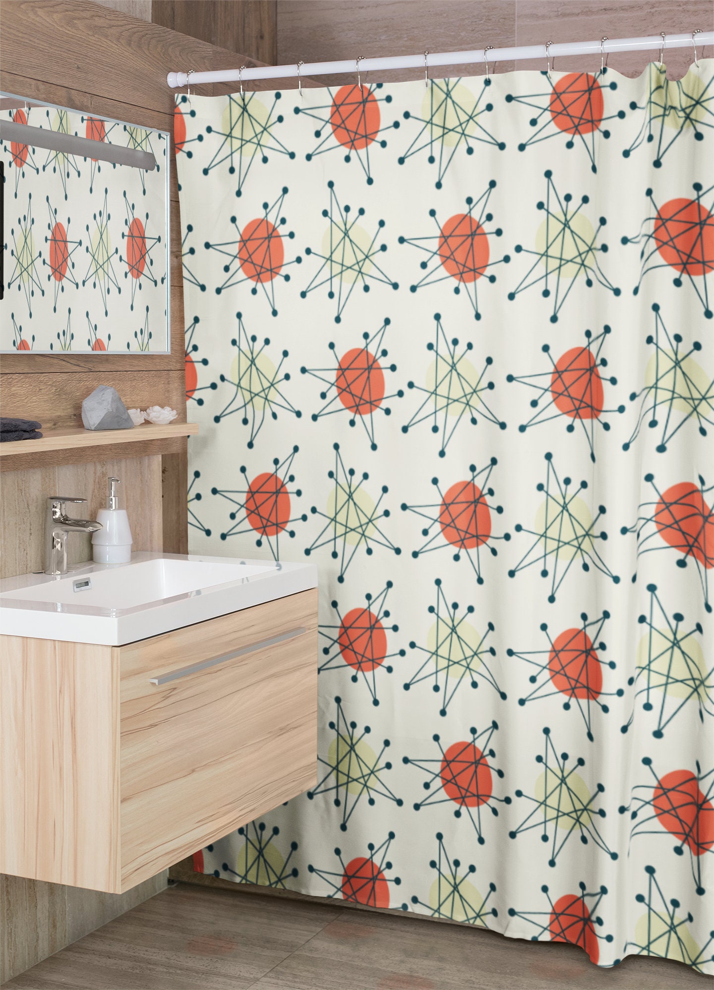 Mid Century Modern Shower Curtain, Atomic Star Bathroom Decor, Beige Retro Bathroom Accessory