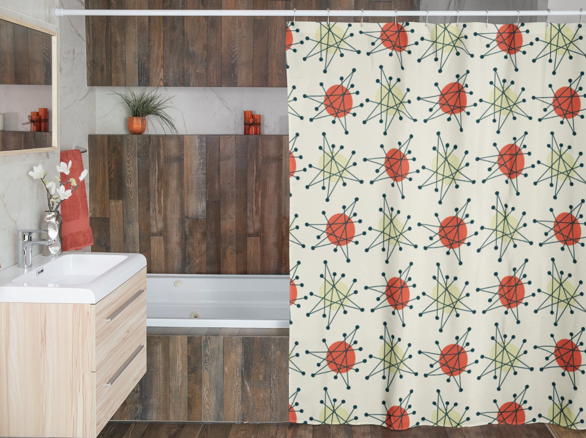 Mid Century Modern Shower Curtain, Atomic Star Bathroom Decor, Beige Retro Bathroom Accessory - Image 2