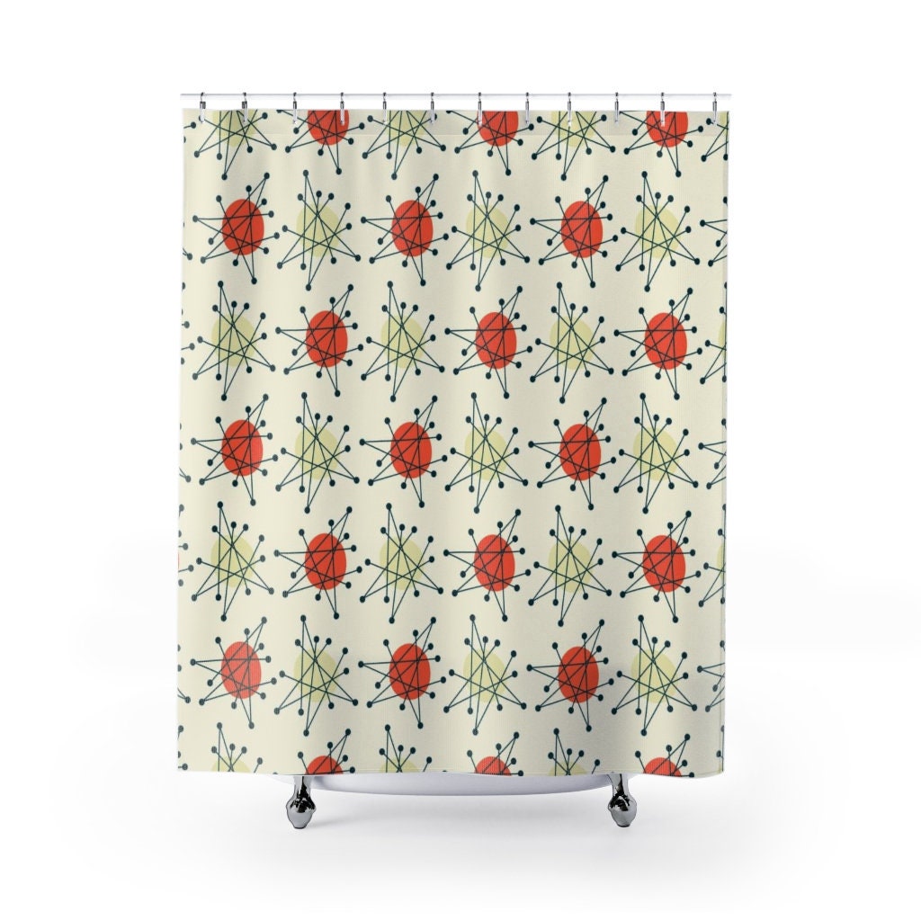 Mid Century Modern Shower Curtain, Atomic Star Bathroom Decor, Beige Retro Bathroom Accessory - Image 3
