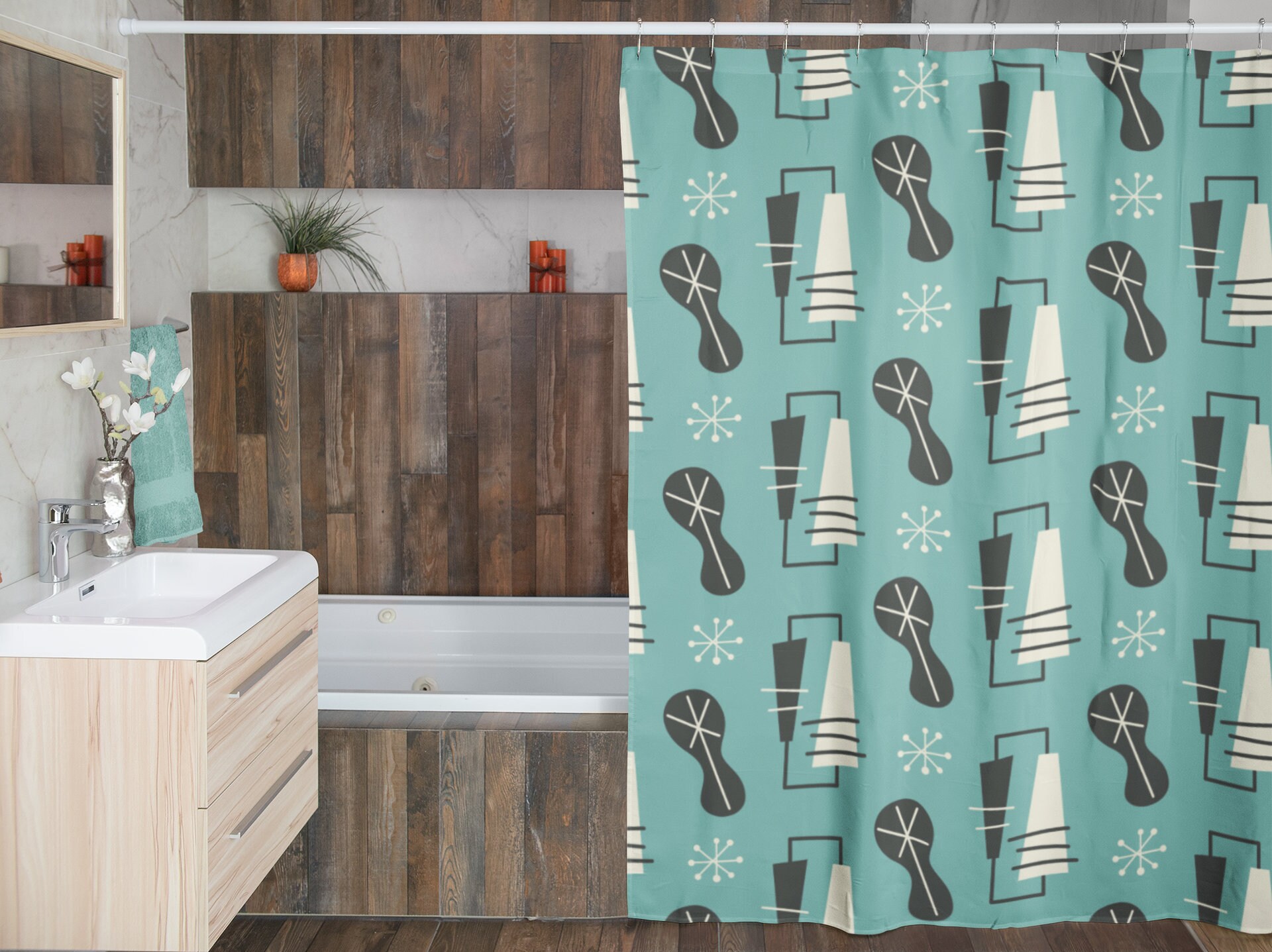Mid Century Modern Shower Curtain, Atomic Star Design, Retro Bathroom Accessory - Image 4
