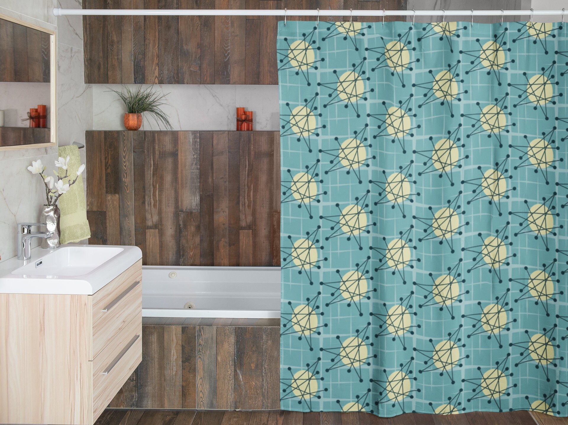 Mid Century Modern Shower Curtain, Atomic Stars Bathroom Decor, Retro Bathroom Accessory