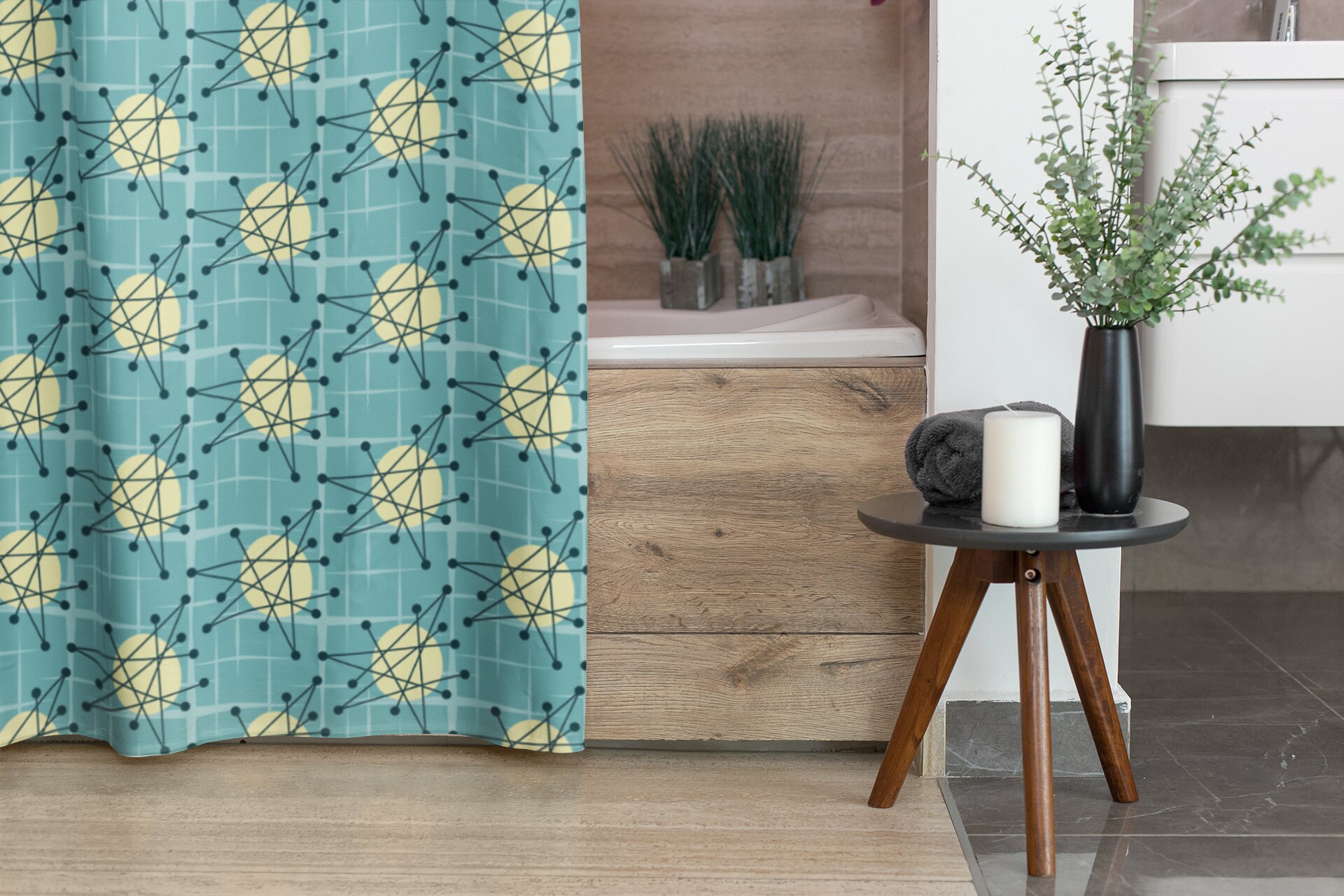 Mid Century Modern Shower Curtain, Atomic Stars Bathroom Decor, Retro Bathroom Accessory - Image 2