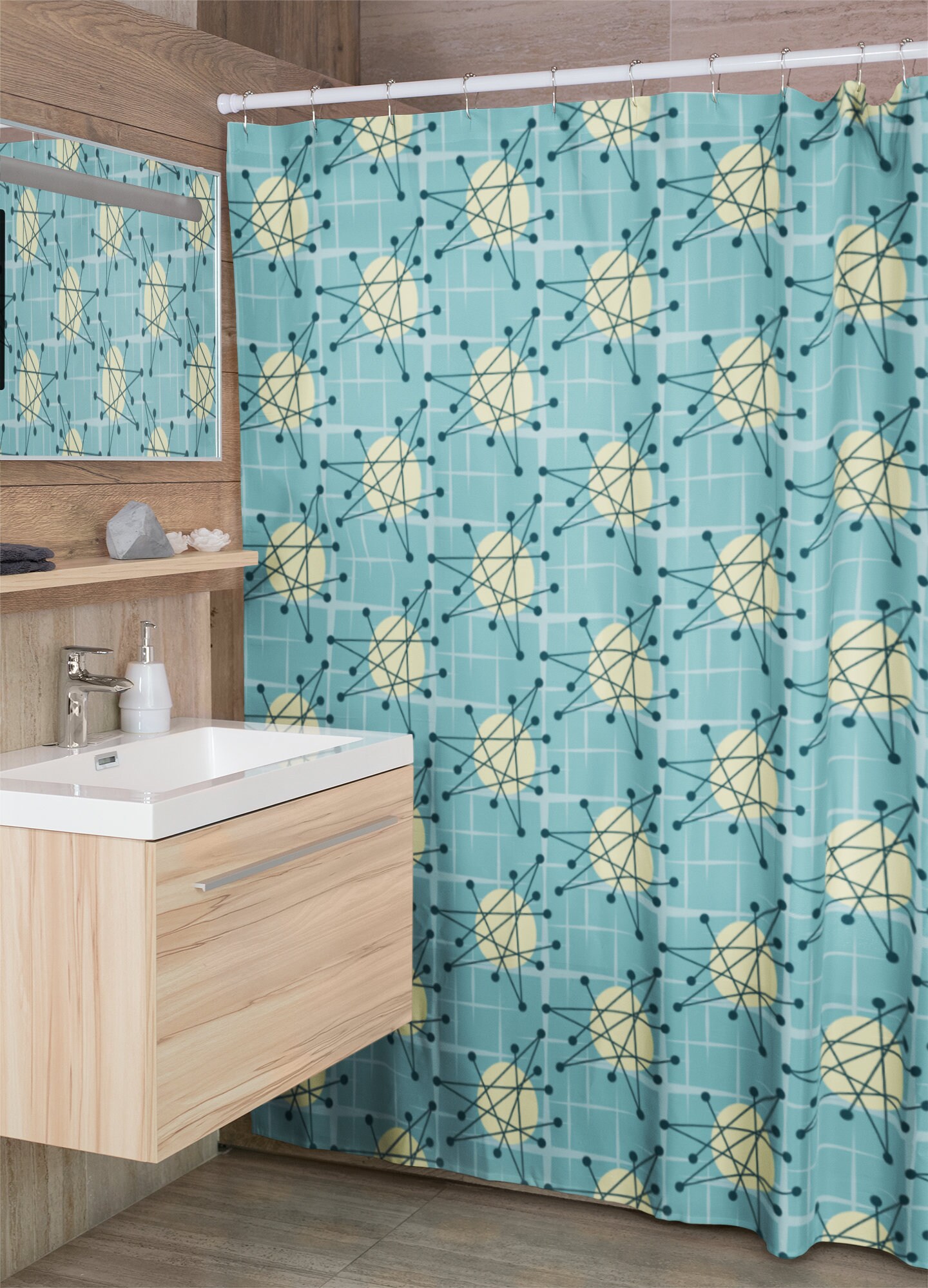 Mid Century Modern Shower Curtain, Atomic Stars Bathroom Decor, Retro Bathroom Accessory - Image 3