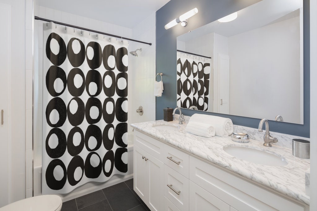 Mid Century Modern Shower Curtain, Black and White Retro Bathroom Decor, Unique Bathroom Accessory - Image 2