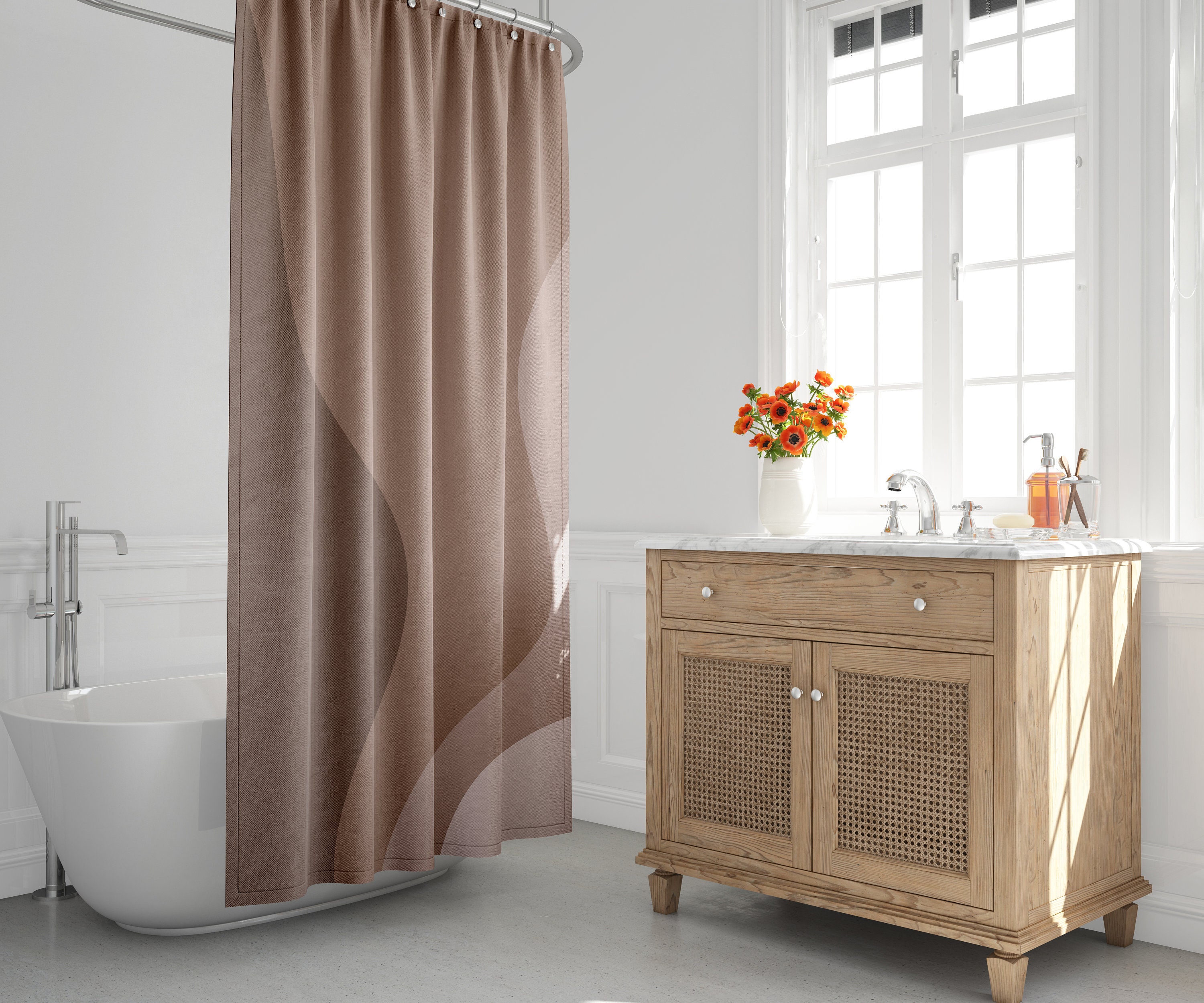 Mid Century Modern Shower Curtain - Ombre Wavy Scandinavian Abstract Design in Earth Tone