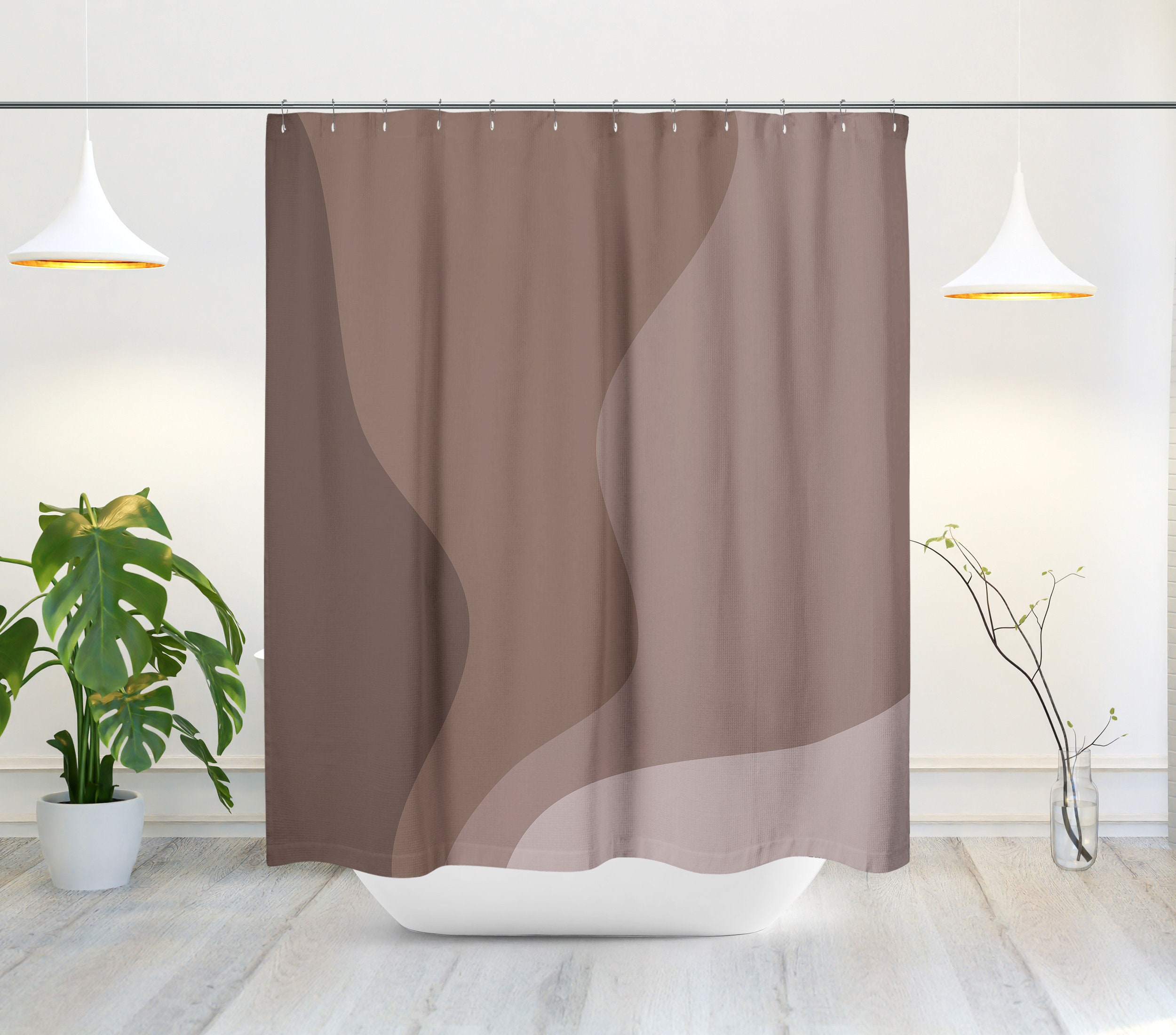 Mid Century Modern Shower Curtain - Ombre Wavy Scandinavian Abstract Design in Earth Tone - Image 2