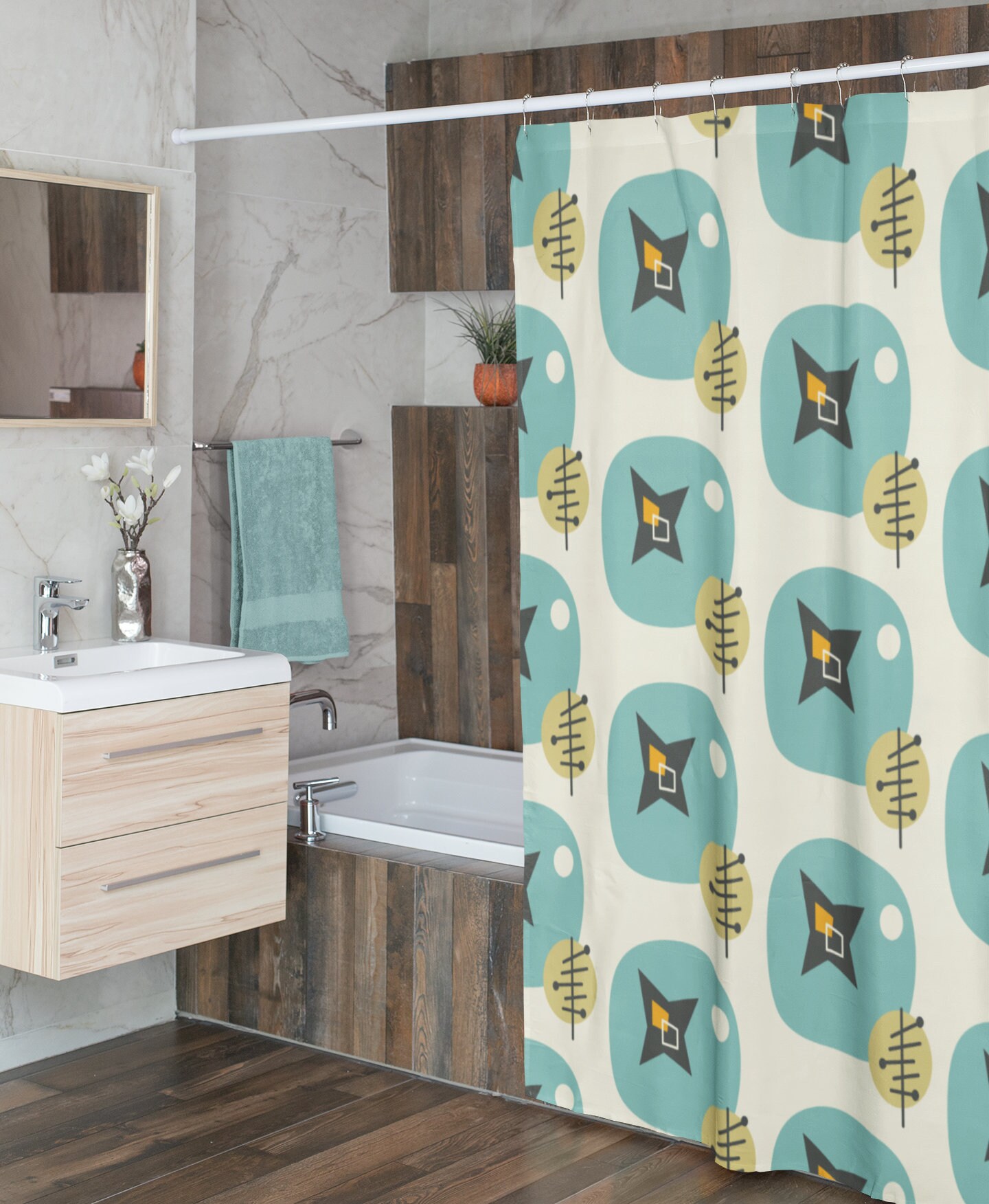 Mid Century Modern Shower Curtain, Retro Bathroom Accessory, MCM Style